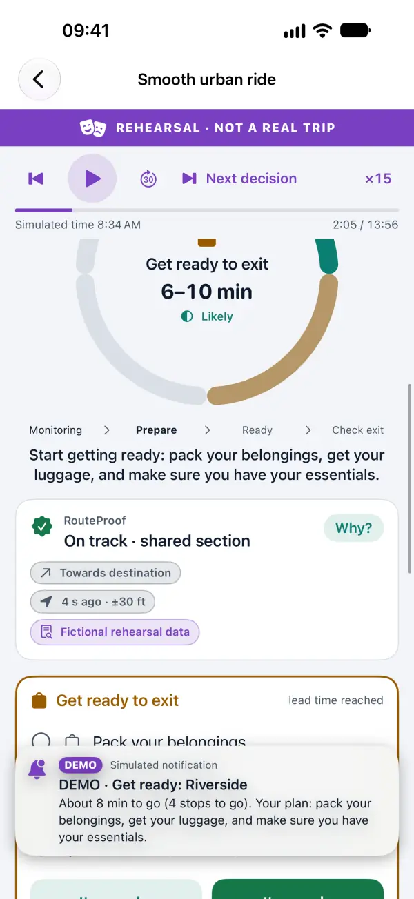 ARRILERT during a rehearsal journey: “Get ready to exit, 6–10 min, Likely”, the stages Monitoring, Prepare, Ready and Check exit, and RouteProof showing “On track”.