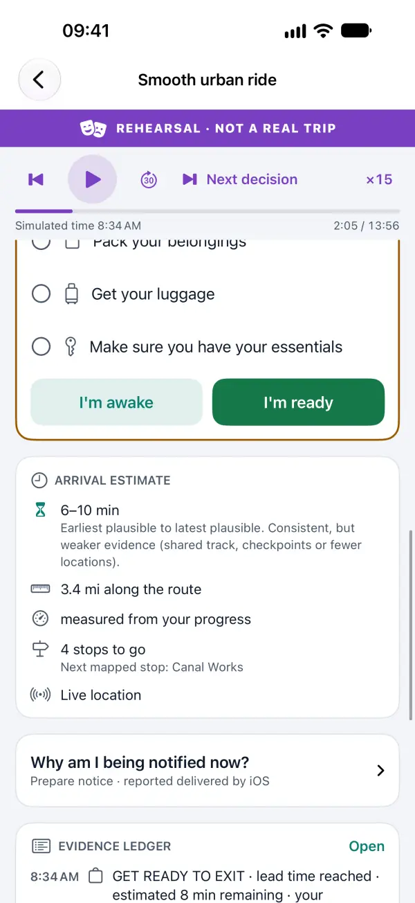 Exit Assurance in a rehearsal: a checklist (get your luggage, make sure you have your essentials) with “I'm awake” and “I'm ready”, above an arrival estimate of 6–10 min with its uncertainty explained.