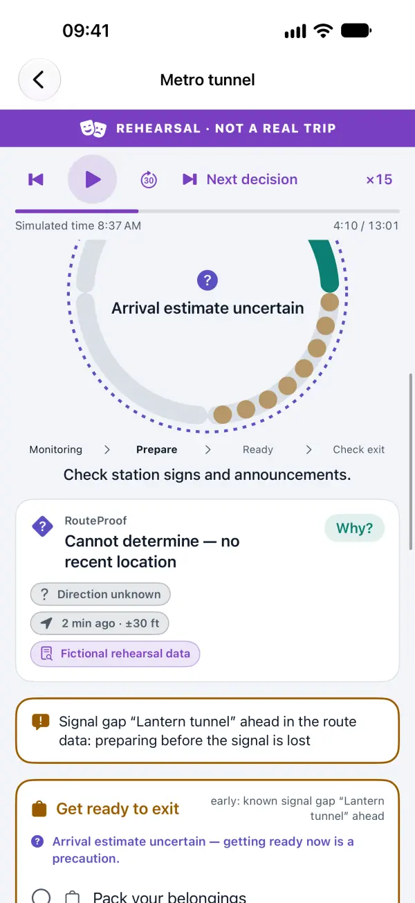 Metro tunnel rehearsal: “Arrival estimate uncertain”, RouteProof “Cannot determine — no recent location”, and an early “Get ready to exit” card before a known signal gap.